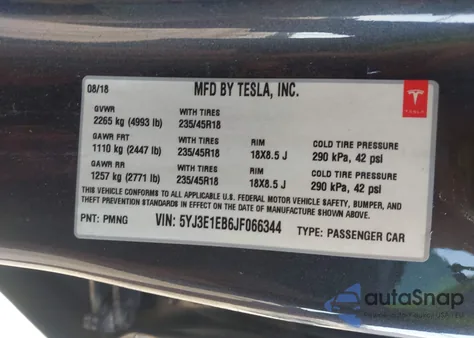 2018 Tesla Model 3 Long Range/Performance from USA, damaged, VIN 5YJ3E1EB6JF066344